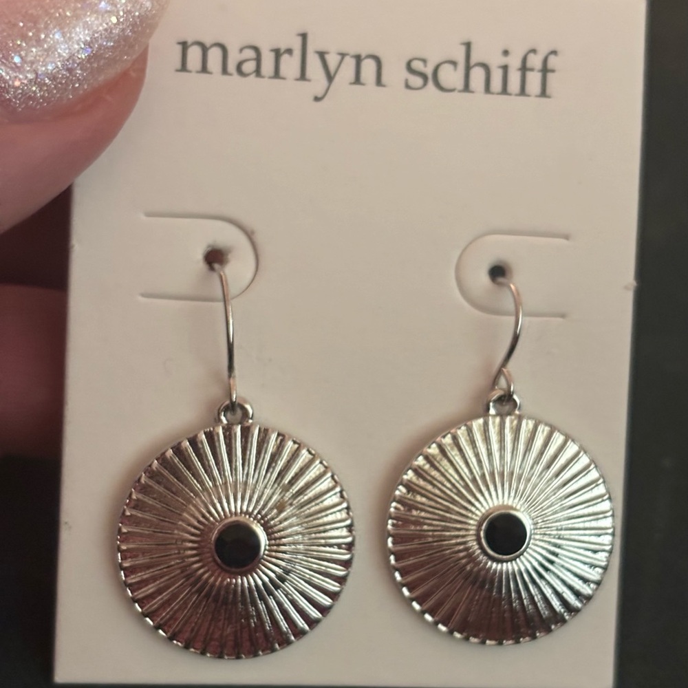 NWT Marlyn Schiff Etched Starburst Disc Drop Earrings Silver Black Art to Wear